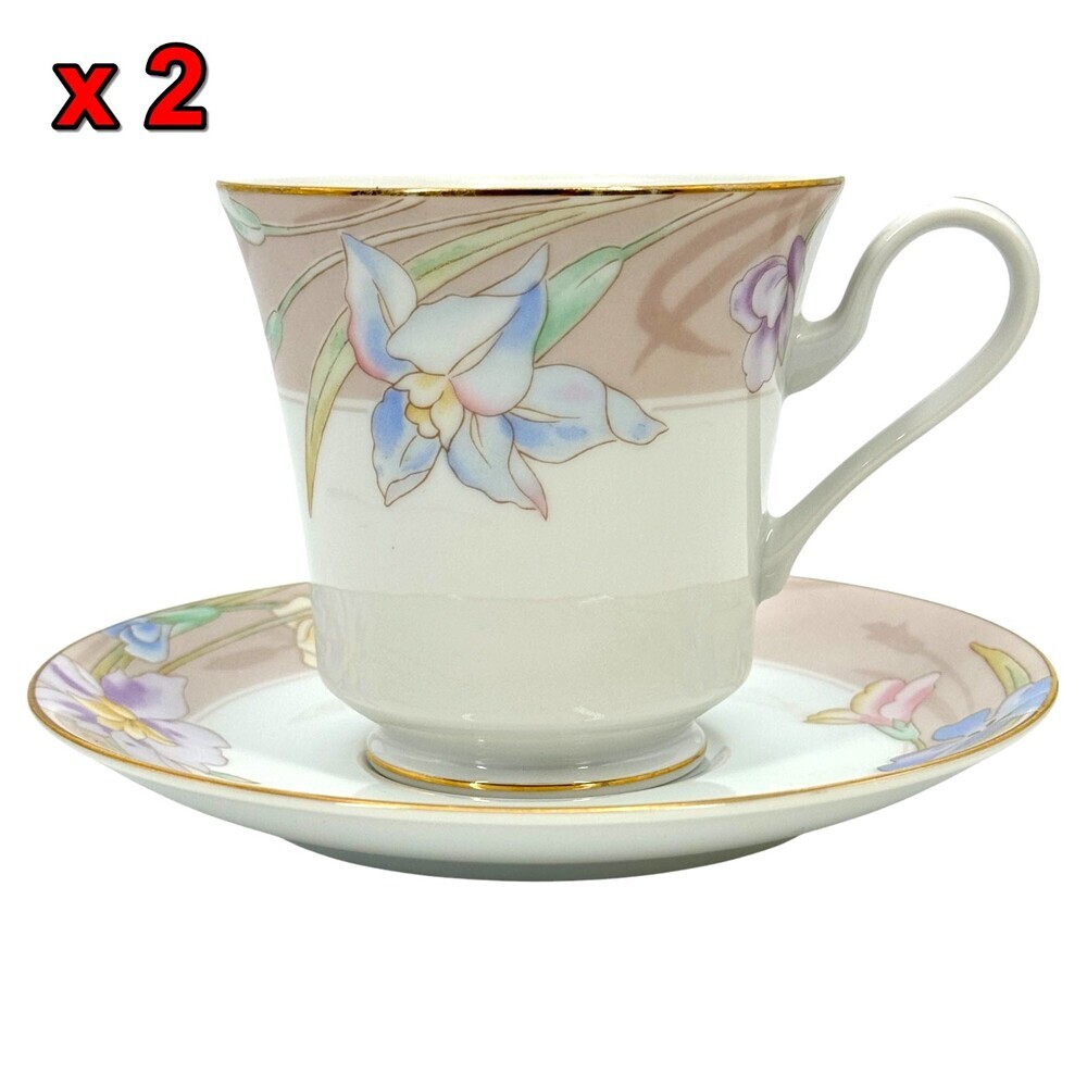 2 Mikasa Charisma Beige L9048 Teacup Cup Saucer Floral Dinnerware  VTG